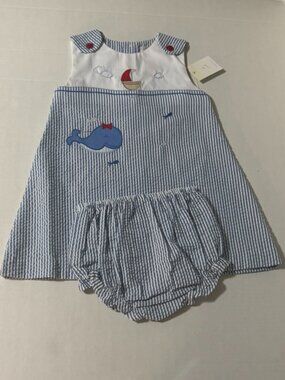 Petit Ami Blue Seersucker Whale Sailboat Appliqued Dress with Bloomers 18 Months